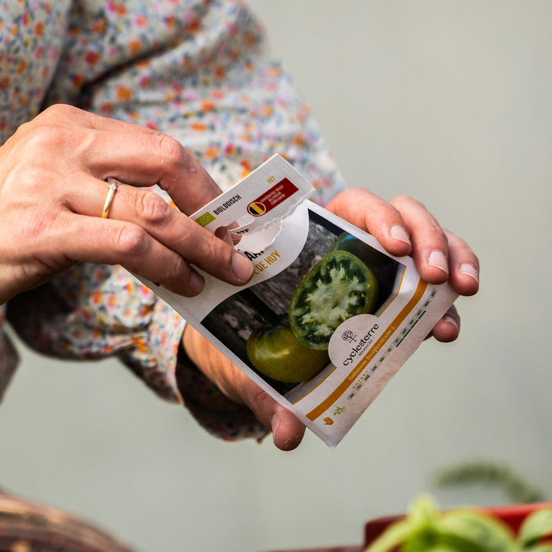 Biologische tomatenzaden in herkenbare Cycle en Terre-verpakking